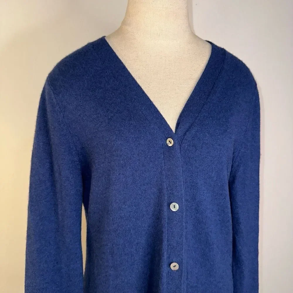 Precious Fibers Womens‎ S 100% Cashmere Navy Blue Longline Button Down Cardigan